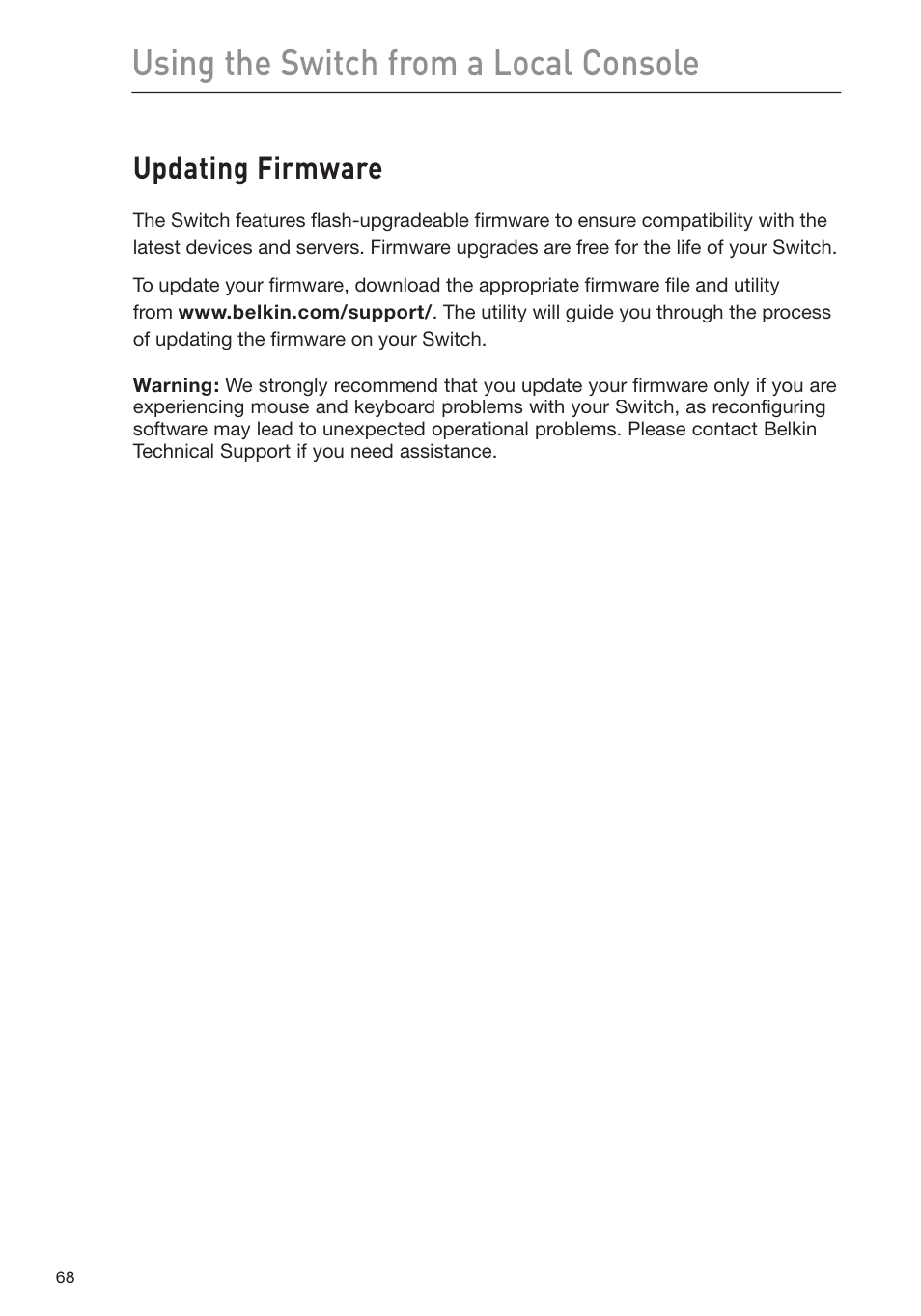 Using the switch from a local console, Updating firmware | Belkin F1DP116Gea User Manual | Page 72 / 84