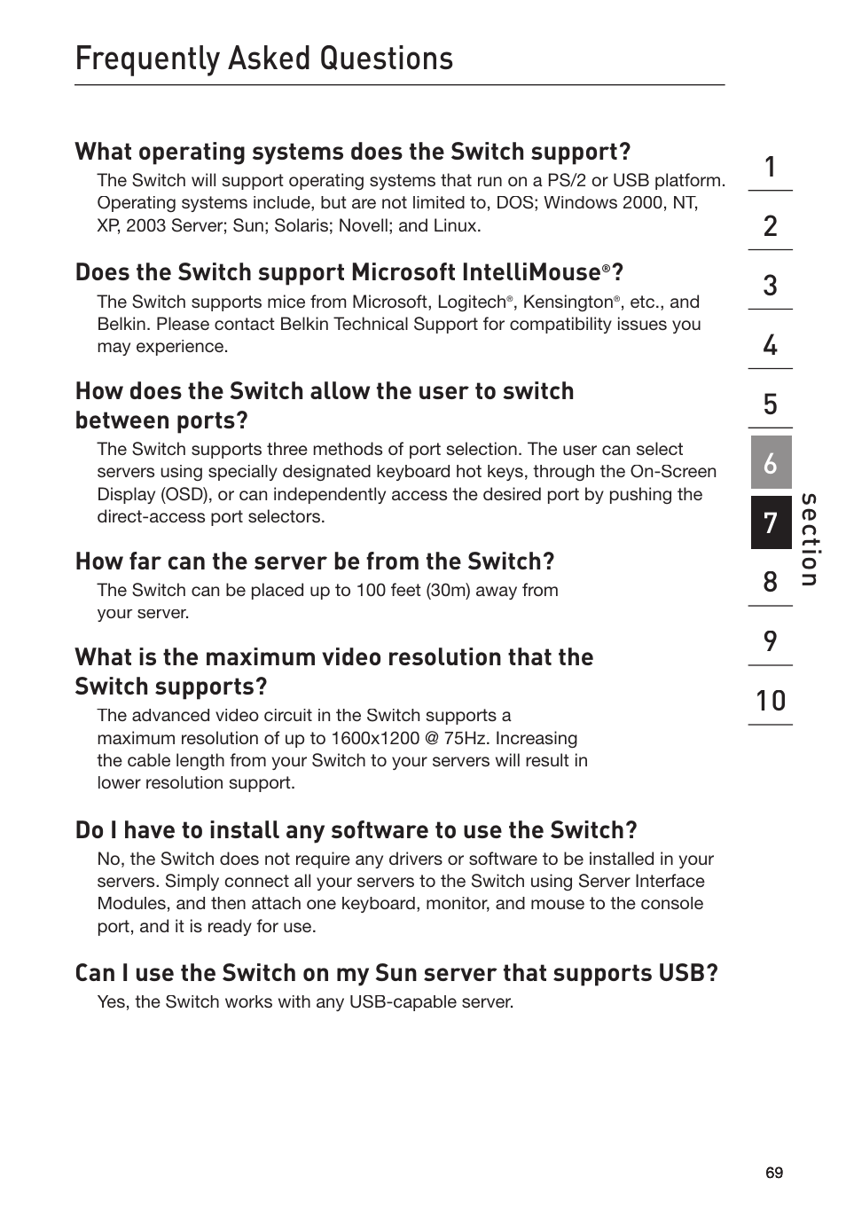 Frequently asked questions, Se ct io n | Belkin F1DP116Gea User Manual | Page 73 / 84