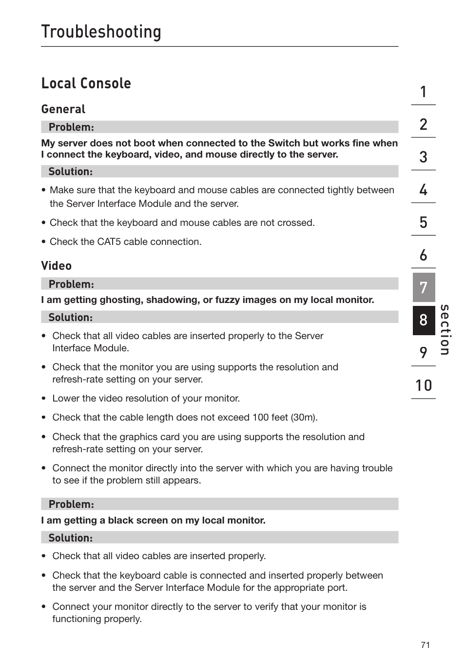 Troubleshooting, Local console, Se ct io n | Belkin F1DP116Gea User Manual | Page 75 / 84