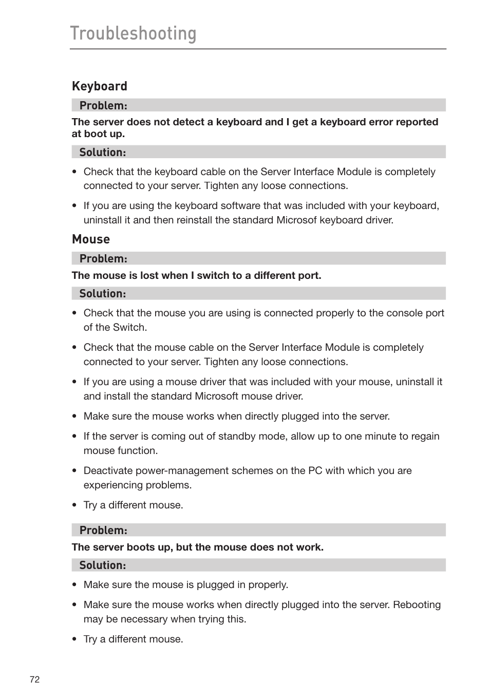 Troubleshooting, Keyboard, Mouse | Belkin F1DP116Gea User Manual | Page 76 / 84