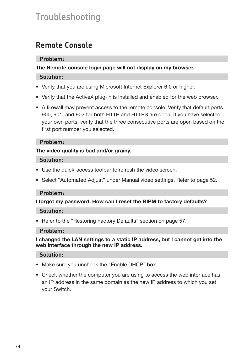 Troubleshooting, Remote console | Belkin F1DP116Gea User Manual | Page 78 / 84