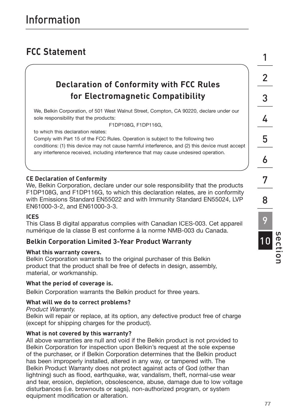 Information, Fcc statement, Se ct io n | Belkin F1DP116Gea User Manual | Page 81 / 84