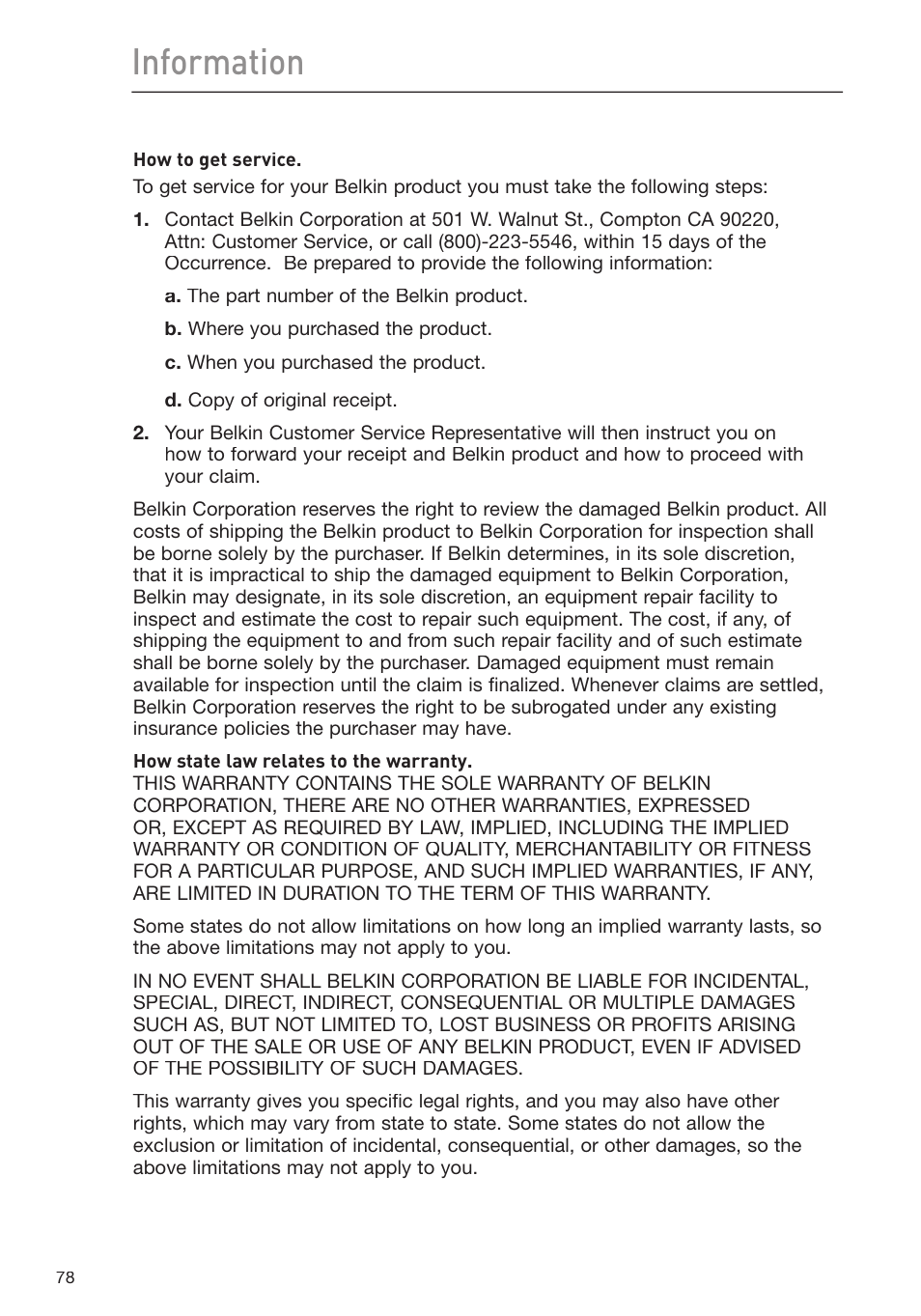 Information | Belkin F1DP116Gea User Manual | Page 82 / 84