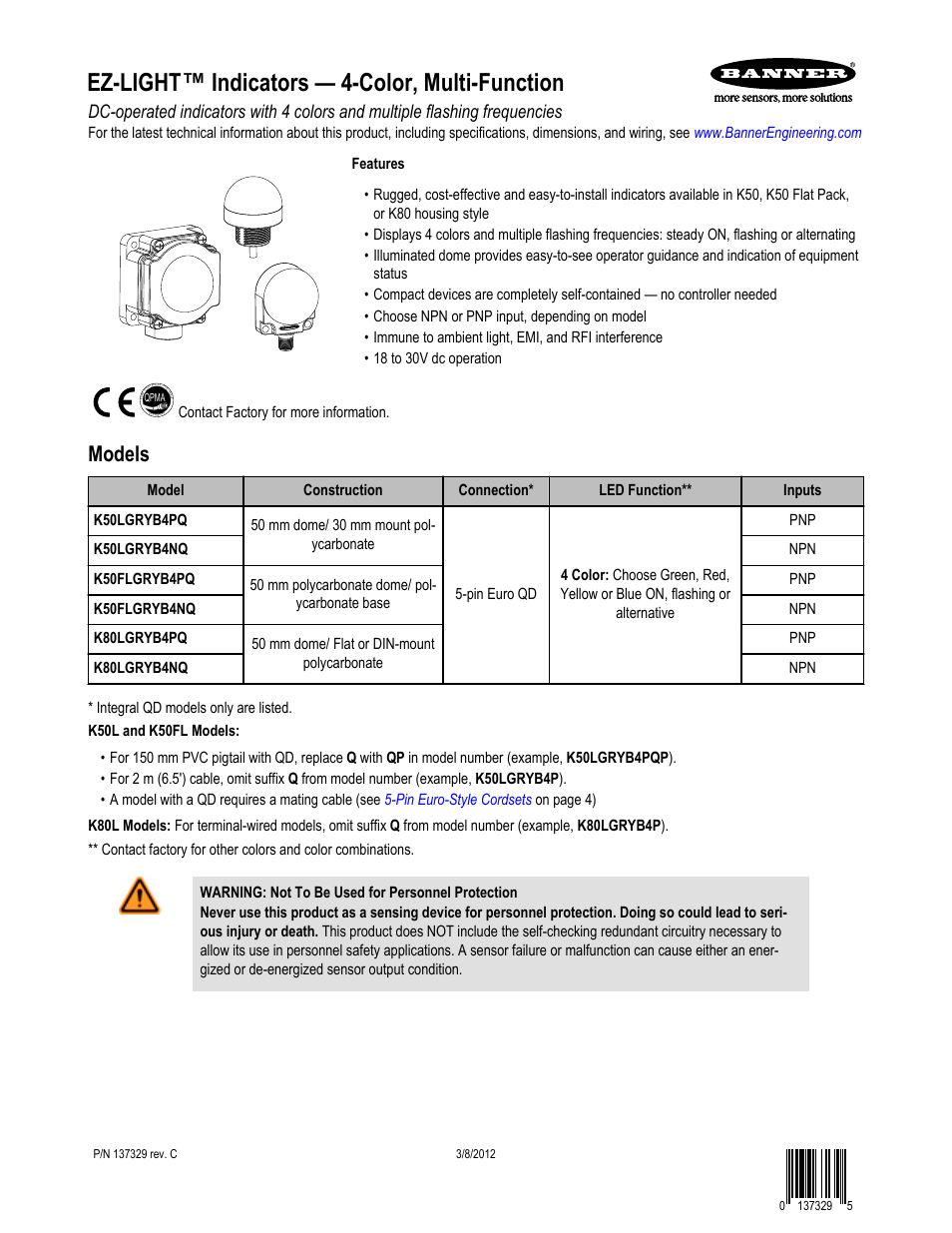 Banner K50FL Multi-Function EZ-LIGHT User Manual | 5 pages