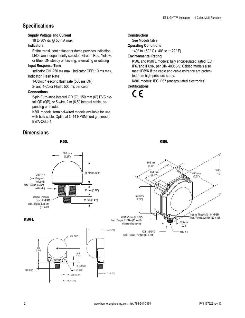 Dimensions, Specifications | Banner K50FL Multi-Function EZ-LIGHT User Manual | Page 2 / 5