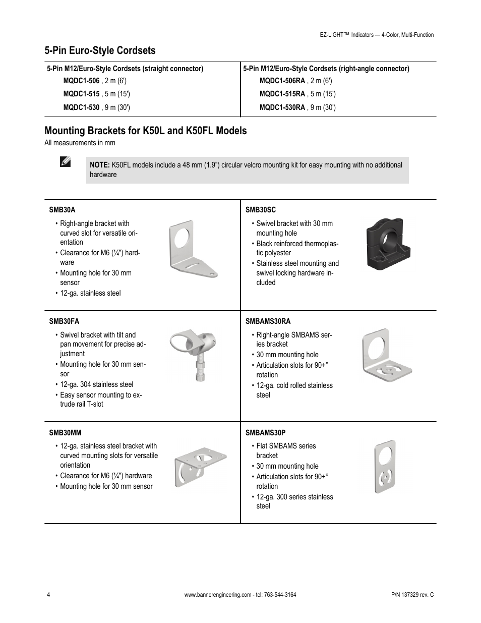 Pin euro-style cordsets, Mounting brackets for k50l and k50fl models | Banner K50FL Multi-Function EZ-LIGHT User Manual | Page 4 / 5