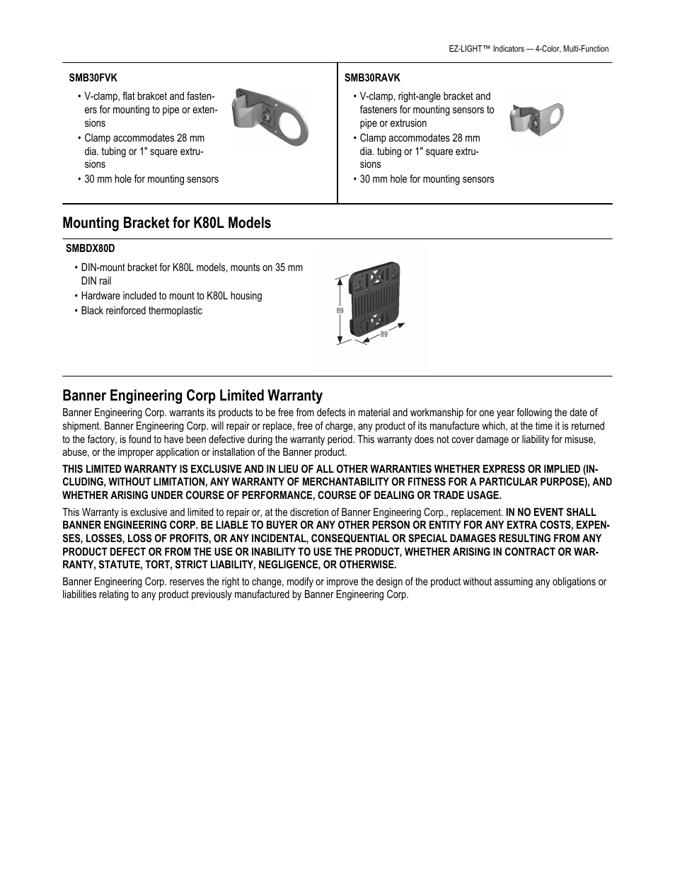 Mounting bracket for k80l models, Banner engineering corp limited warranty | Banner K50FL Multi-Function EZ-LIGHT User Manual | Page 5 / 5