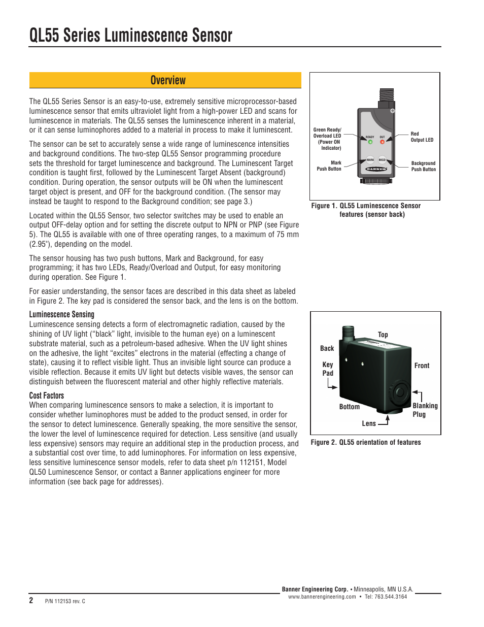 Ql55 series luminescence sensor, Overview, Luminescence sensing | Cost factors | Banner QL55 Series User Manual | Page 2 / 8