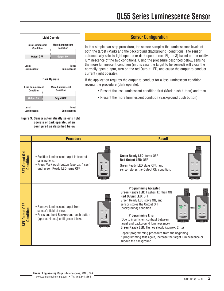 Ql55 series luminescence sensor, Sensor configuration | Banner QL55 Series User Manual | Page 3 / 8