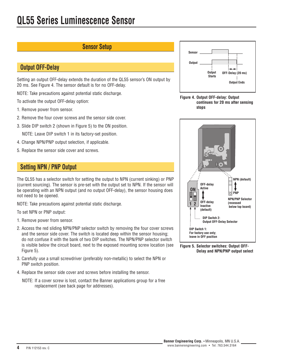 Ql55 series luminescence sensor, Sensor setup output off-delay, Setting npn / pnp output | Banner QL55 Series User Manual | Page 4 / 8