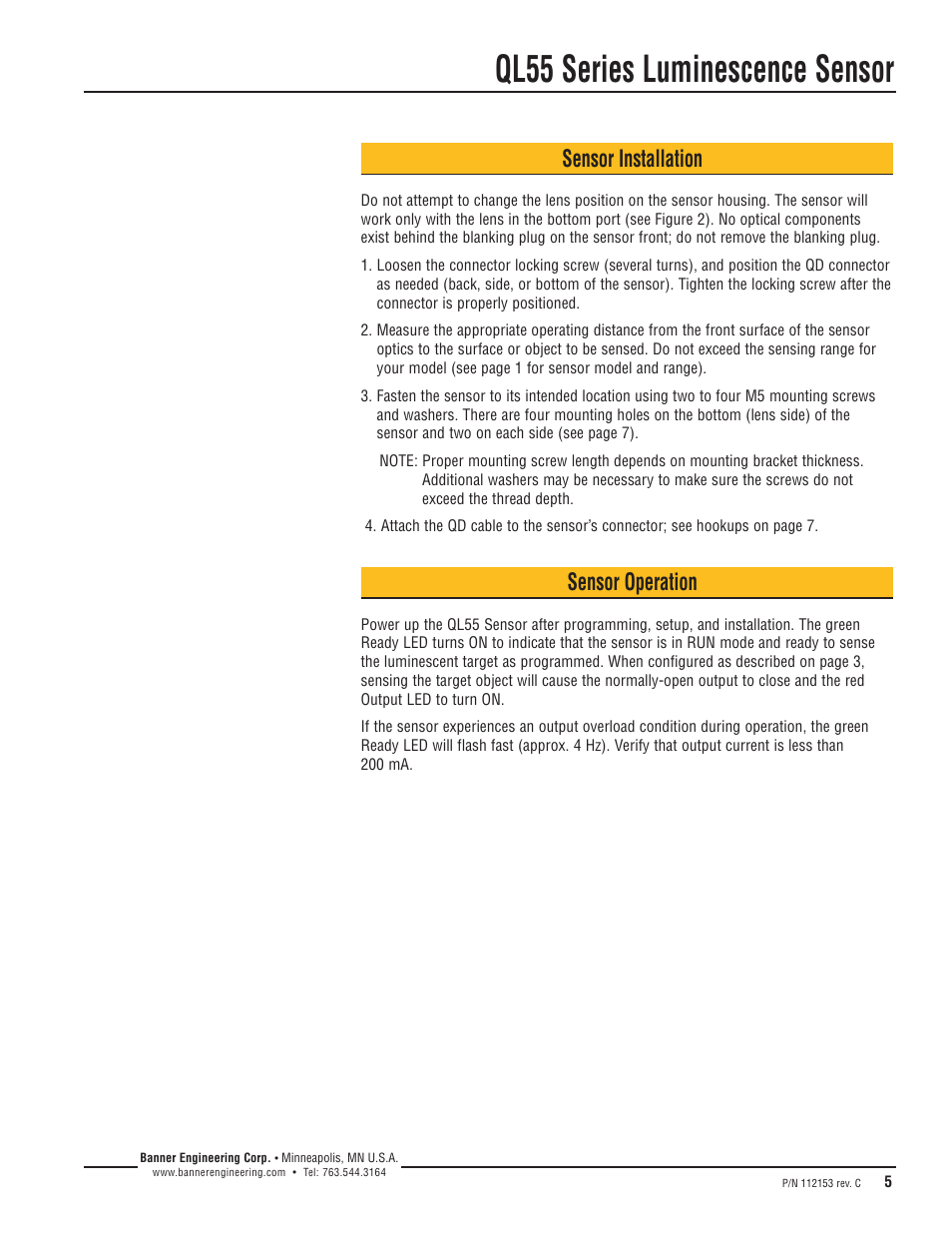Ql55 series luminescence sensor, Sensor installation, Sensor operation | Banner QL55 Series User Manual | Page 5 / 8