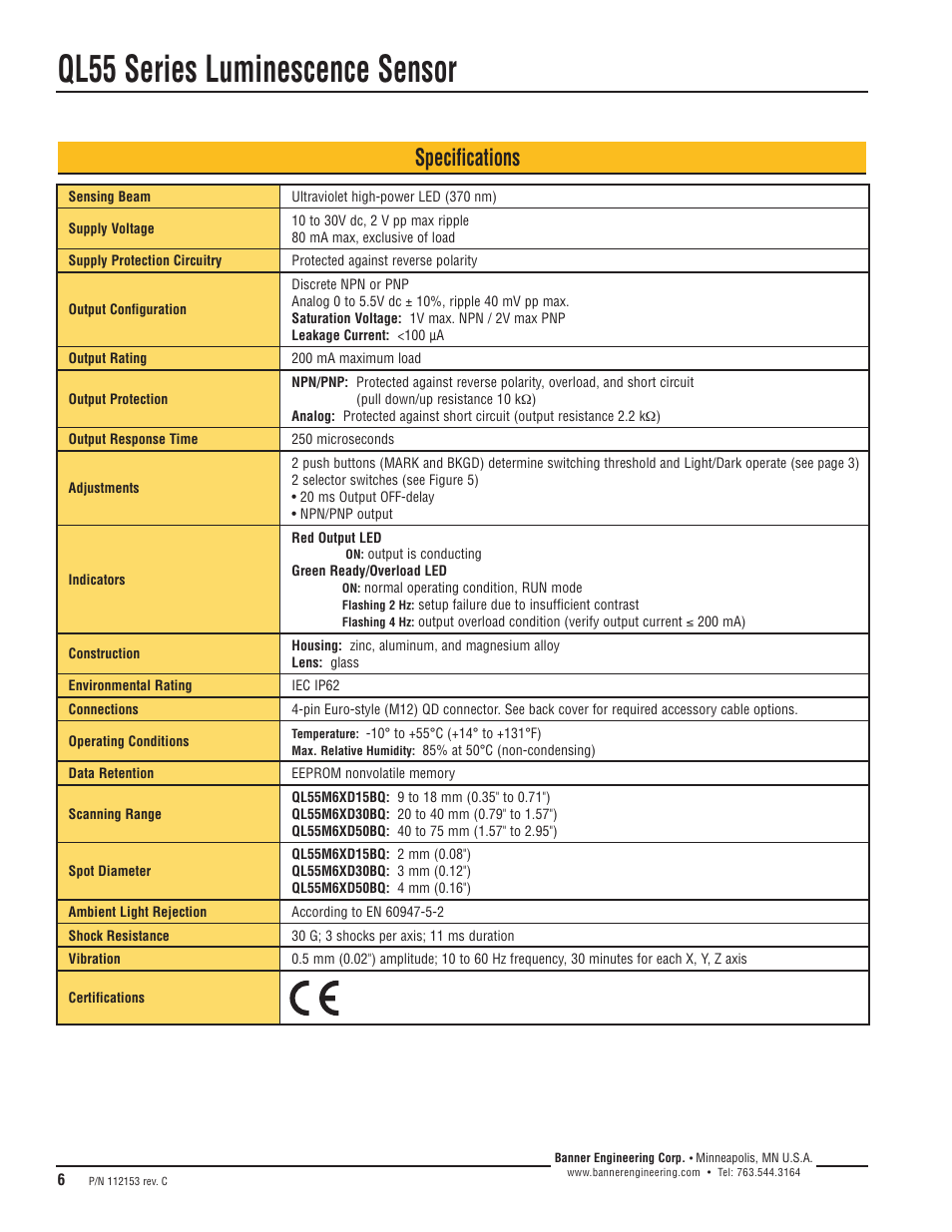 Ql55 series luminescence sensor, Specifications | Banner QL55 Series User Manual | Page 6 / 8