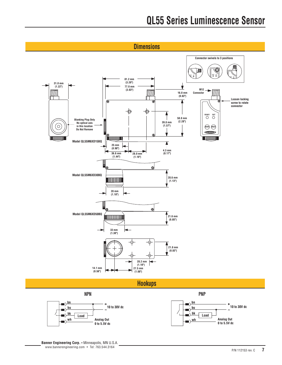 Ql55 series luminescence sensor, Hookups, Dimensions | Npn pnp | Banner QL55 Series User Manual | Page 7 / 8