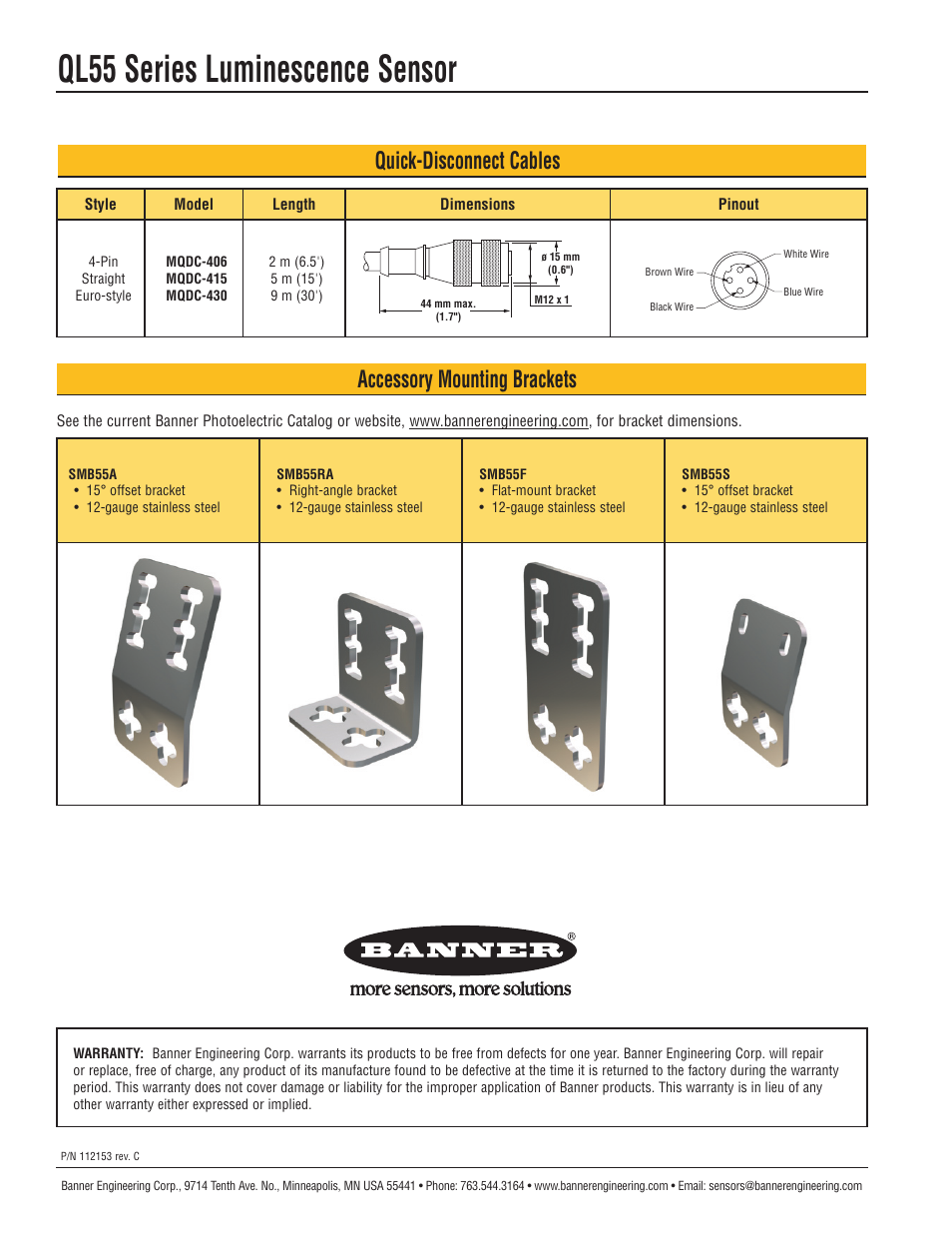 Ql55 series luminescence sensor, Quick-disconnect cables, Accessory mounting brackets | Banner QL55 Series User Manual | Page 8 / 8
