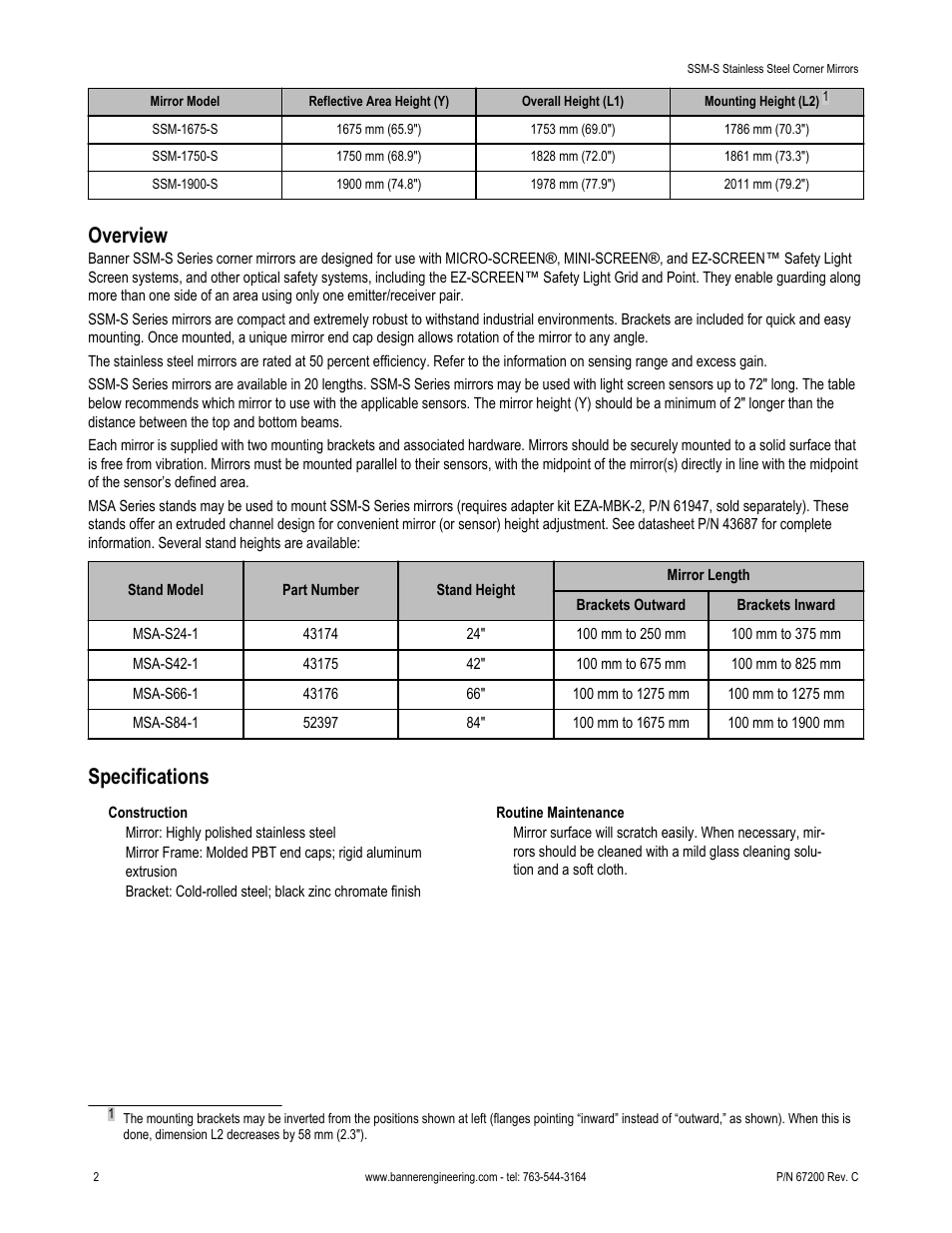 Overview, Specifications | Banner SSM Series Corner Mirrors User Manual | Page 2 / 4
