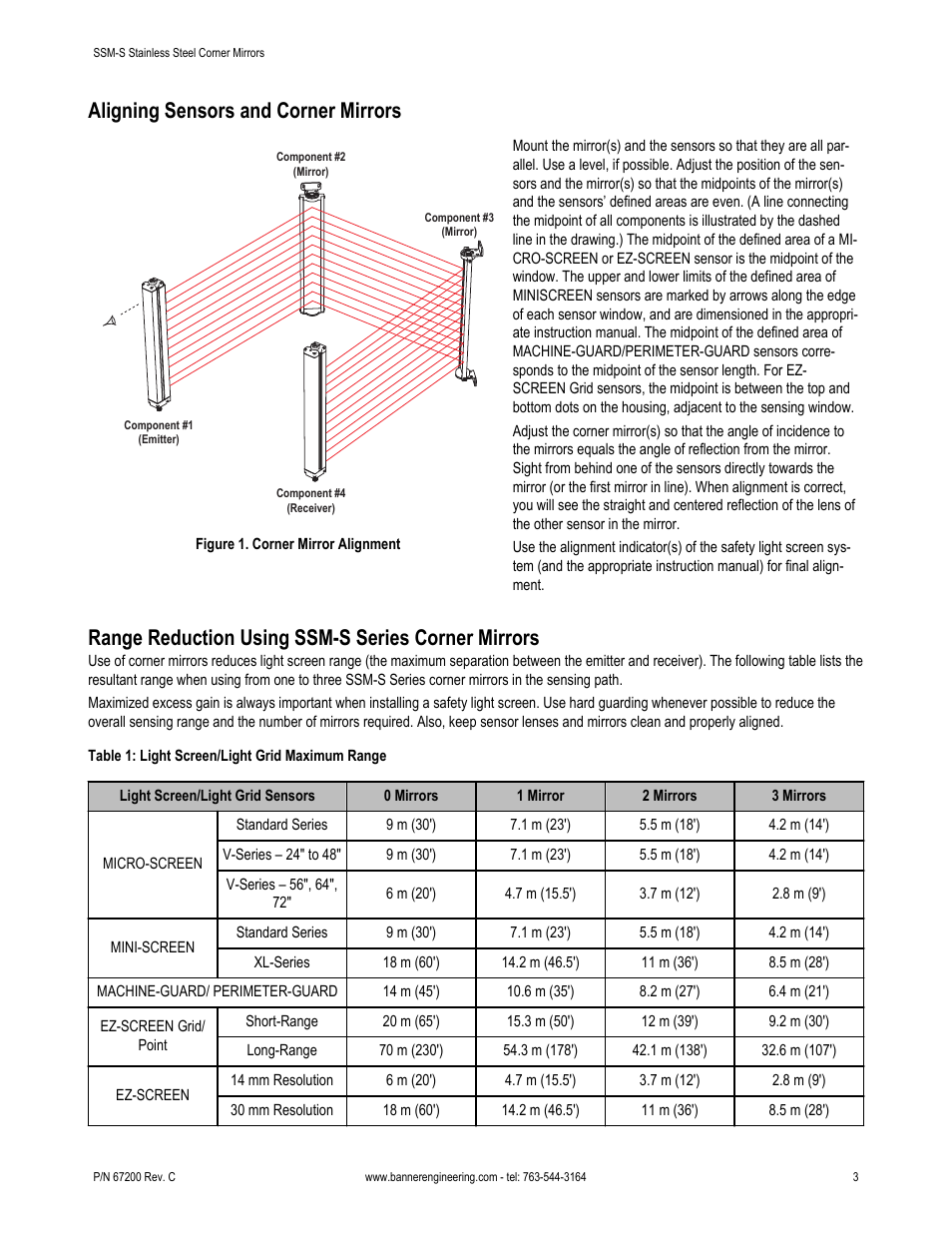 Aligning sensors and corner mirrors, Range reduction using ssm-s series corner mirrors | Banner SSM Series Corner Mirrors User Manual | Page 3 / 4