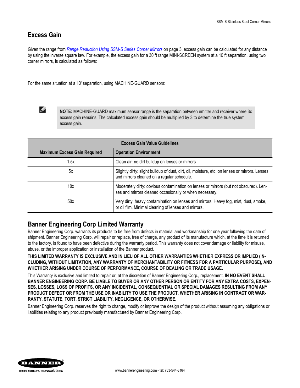 Excess gain, Banner engineering corp limited warranty | Banner SSM Series Corner Mirrors User Manual | Page 4 / 4