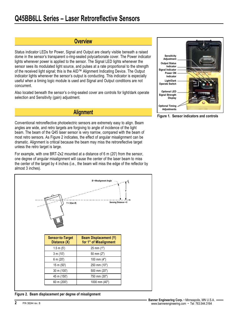 Q45bb6ll series – laser retroreflective sensors, Overview, Alignment | Banner Q45 Laser DC Series User Manual | Page 2 / 8