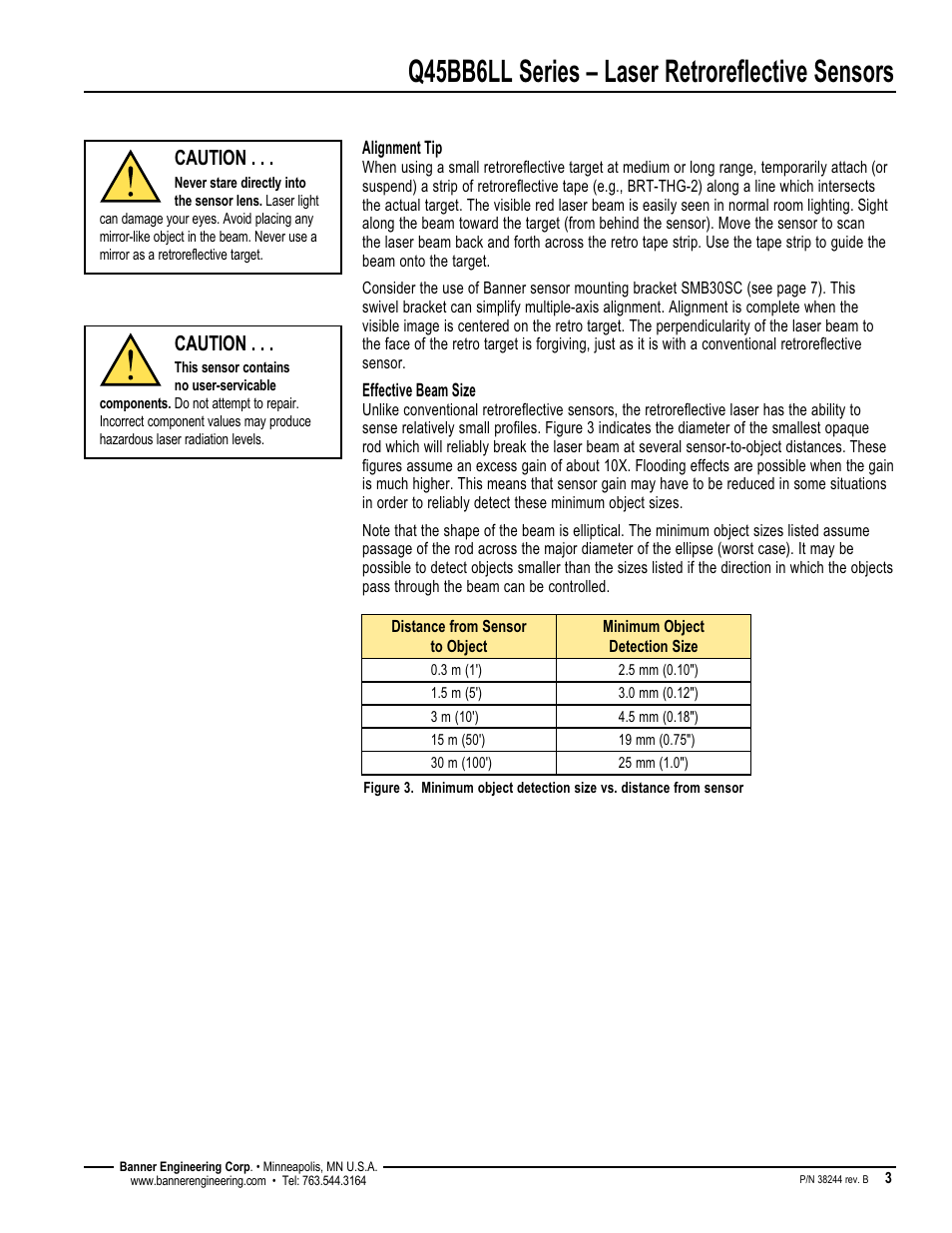 Q45bb6ll series – laser retroreflective sensors, Caution | Banner Q45 Laser DC Series User Manual | Page 3 / 8
