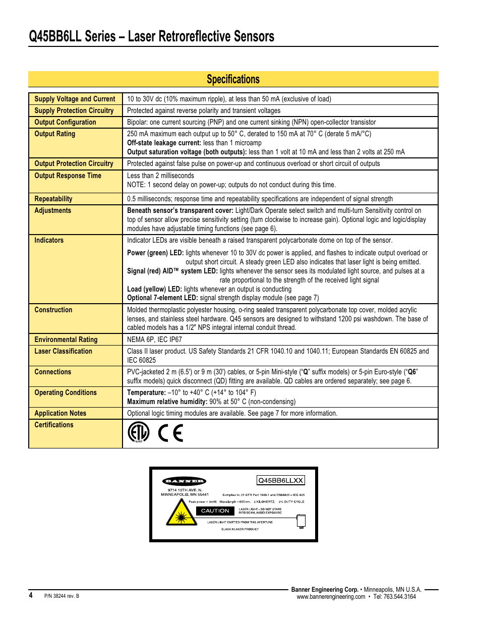 Q45bb6ll series – laser retroreflective sensors, Specifications | Banner Q45 Laser DC Series User Manual | Page 4 / 8