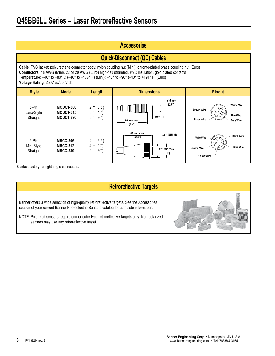 Q45bb6ll series – laser retroreflective sensors, Accessories, Quick-disconnect (qd) cables | Retroreflective targets | Banner Q45 Laser DC Series User Manual | Page 6 / 8