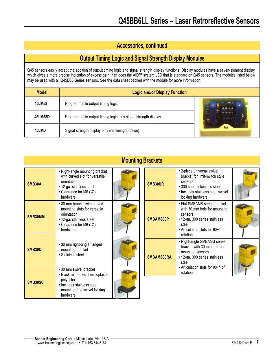 Q45bb6ll series – laser retroreflective sensors, Mounting brackets | Banner Q45 Laser DC Series User Manual | Page 7 / 8