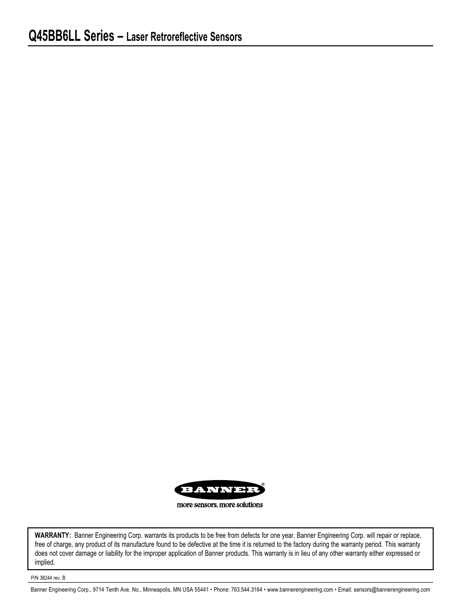 Q45bb6ll series, Laser retroreflective sensors | Banner Q45 Laser DC Series User Manual | Page 8 / 8