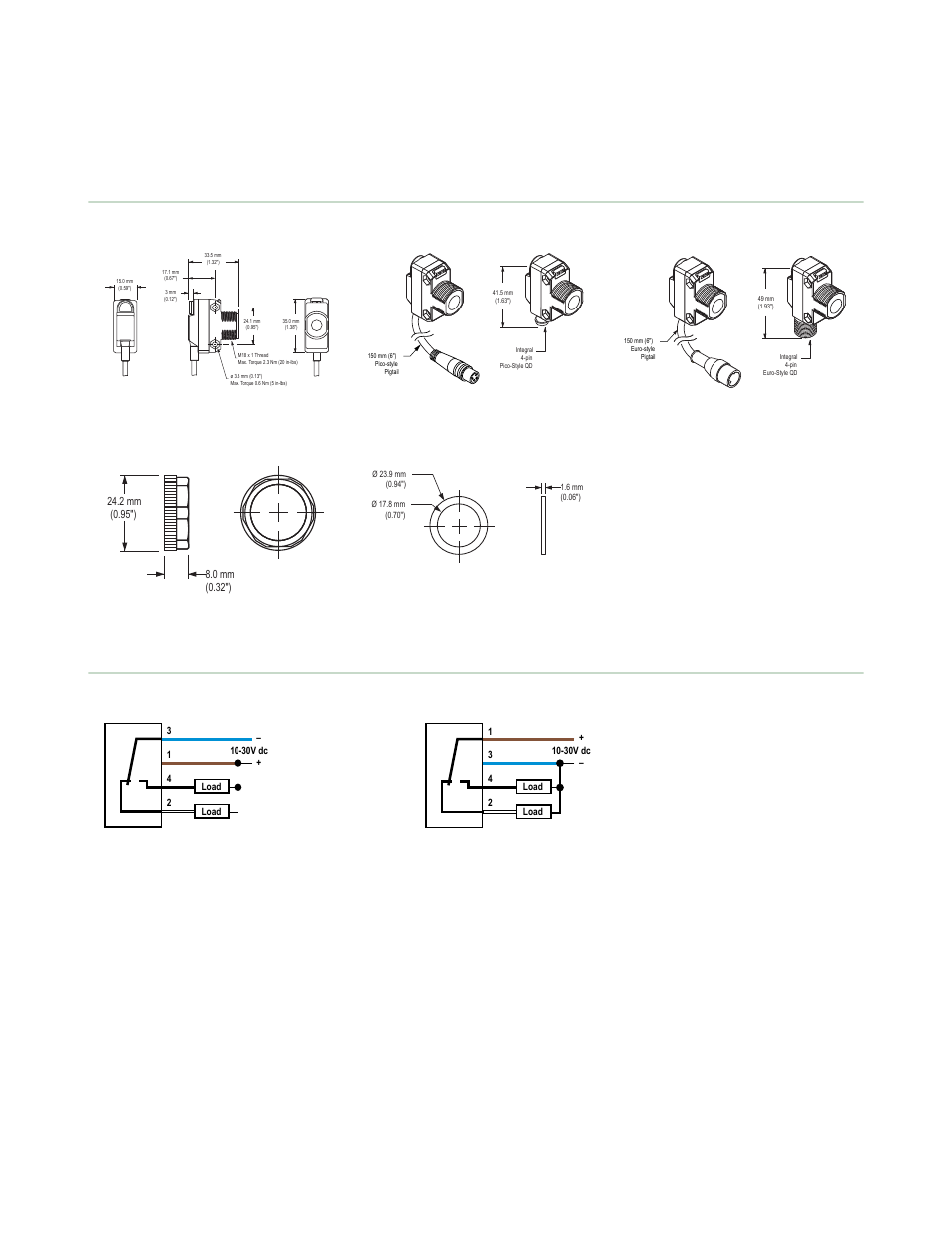 Dimensions, Wiring diagrams | Banner WORLD-BEAM QS18 Laser Series User Manual | Page 4 / 8