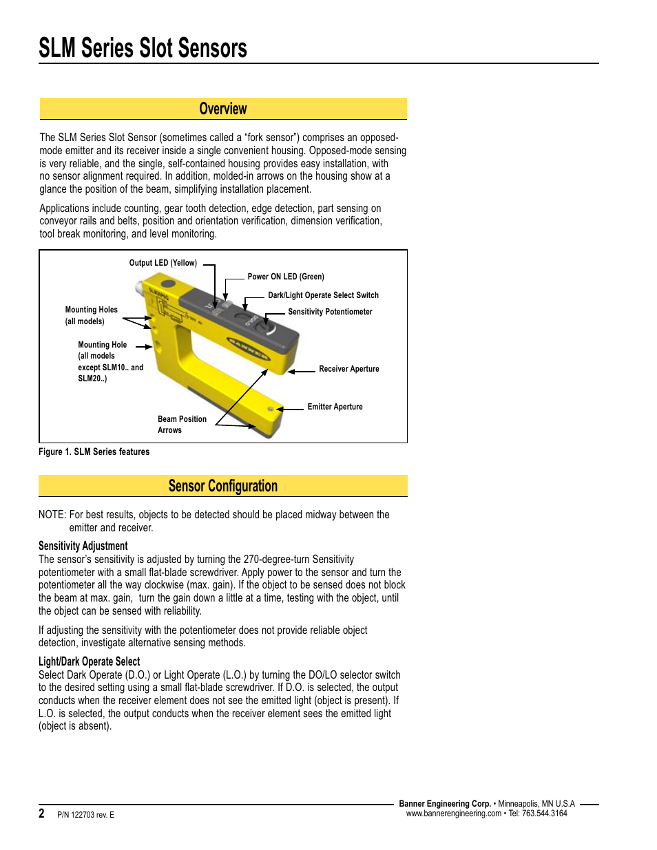 Slm series slot sensors, Overview, Sensor configuration | Banner SLM Series Slot Sensors User Manual | Page 2 / 8