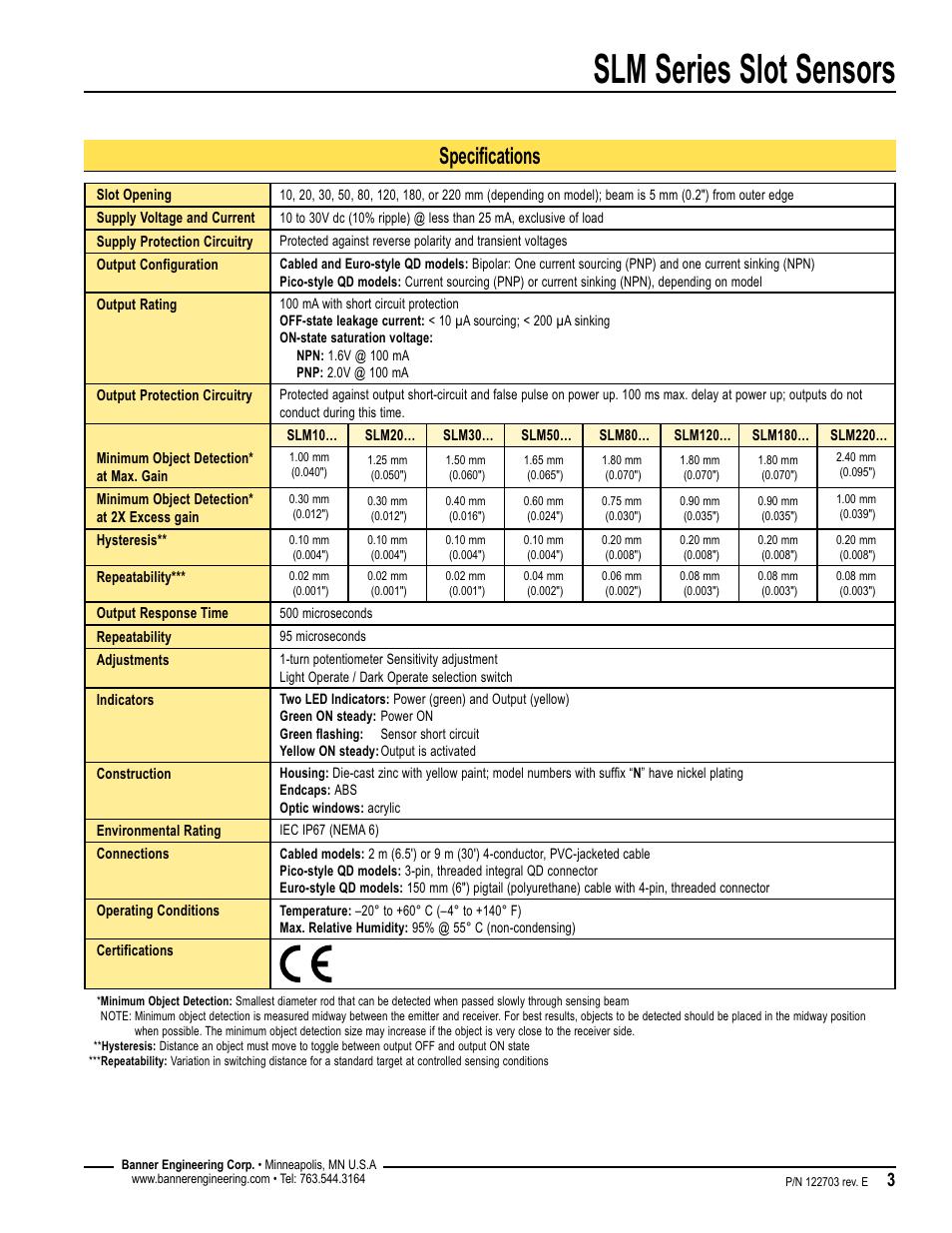 Slm series slot sensors, Specifications | Banner SLM Series Slot Sensors User Manual | Page 3 / 8