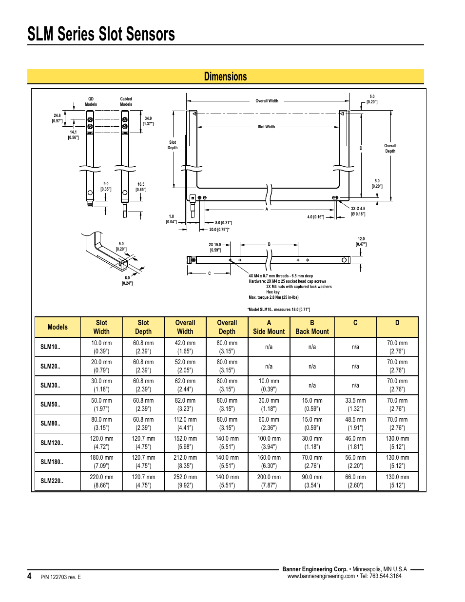Slm series slot sensors, Dimensions | Banner SLM Series Slot Sensors User Manual | Page 4 / 8