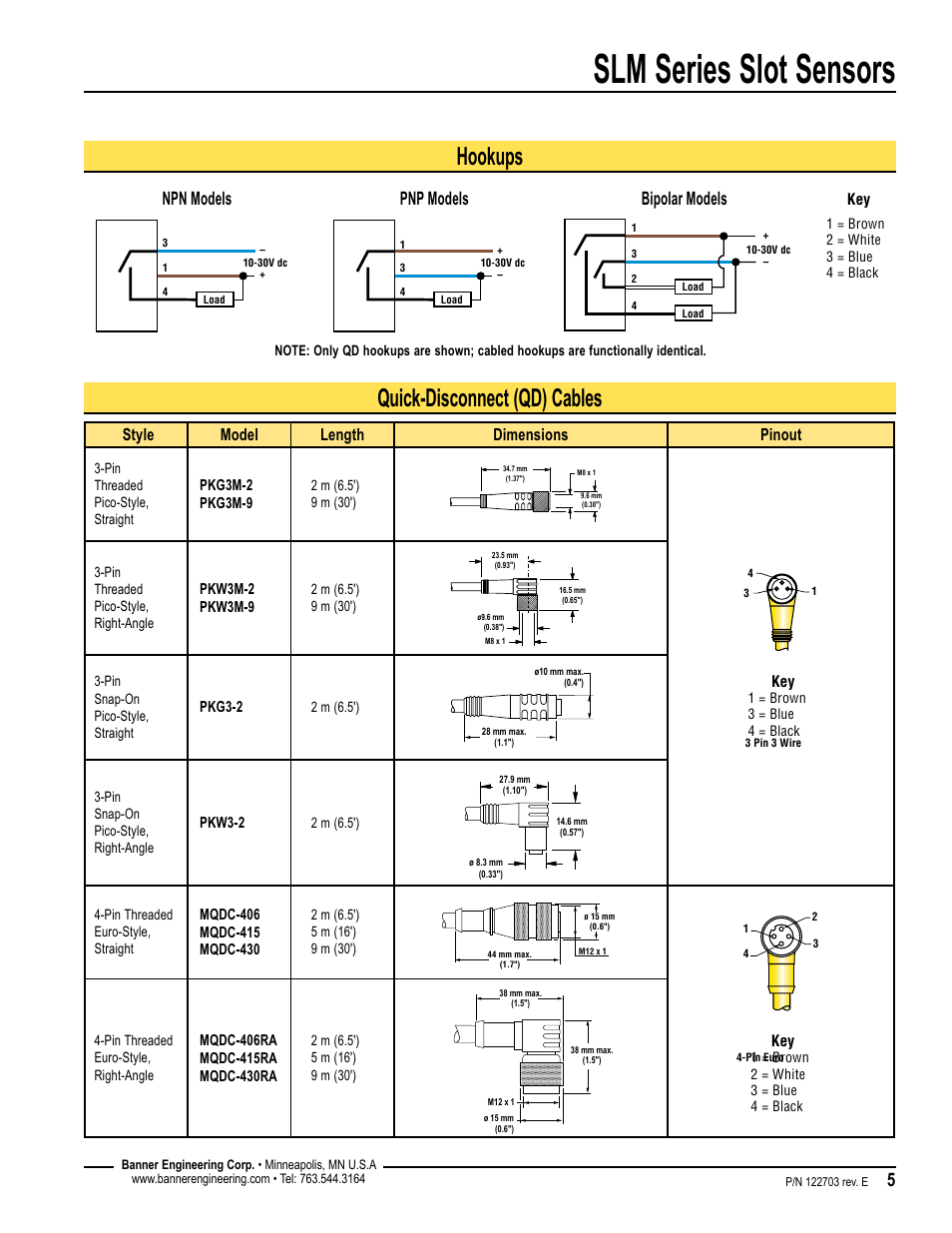 Slm series slot sensors, Hookups quick-disconnect (qd) cables, Npn models pnp models bipolar models | Style model length dimensions pinout | Banner SLM Series Slot Sensors User Manual | Page 5 / 8