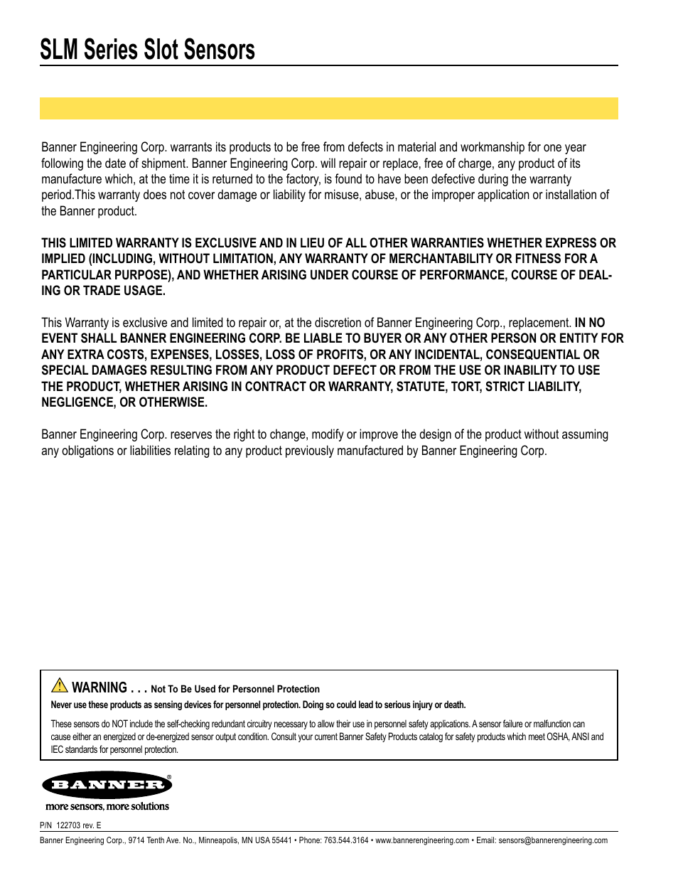 Slm series slot sensors, Dqqhu(qjlqhhulqj&rus/lplwhg:duudqw | Banner SLM Series Slot Sensors User Manual | Page 6 / 8