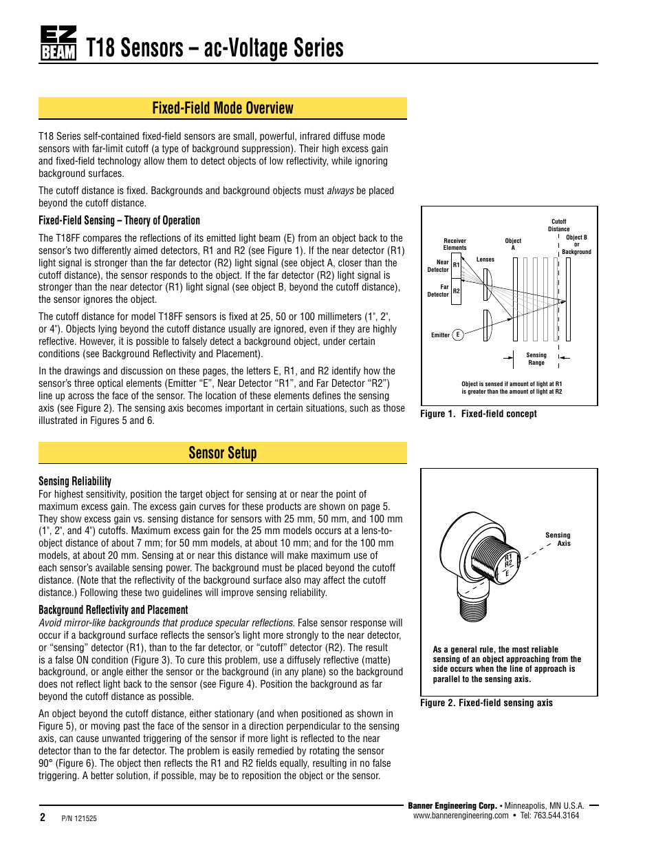T18 sensors – ac-voltage series, Fixed-field mode overview, Sensor setup | Fixed-field sensing – theory of operation, Sensing reliability, Background reflectivity and placement | Banner T18 Series User Manual | Page 2 / 7