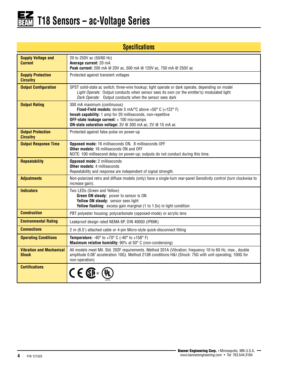 T18 sensors – ac-voltage series, Specifications | Banner T18 Series User Manual | Page 4 / 7