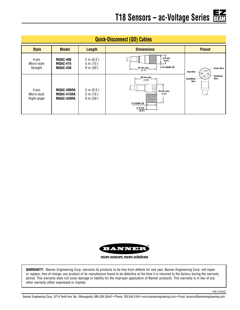 T18 sensors – ac-voltage series, Quick-disconnect (qd) cables | Banner T18 Series User Manual | Page 7 / 7