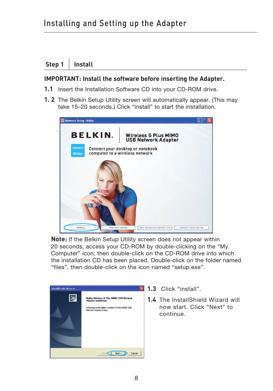 Installing and setting up the adapter | Belkin F5D9050UK User Manual | Page 10 / 251