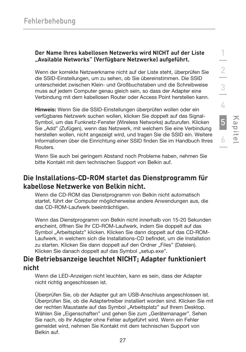 Fehlerbehebung, Kap ite l | Belkin F5D9050UK User Manual | Page 113 / 251