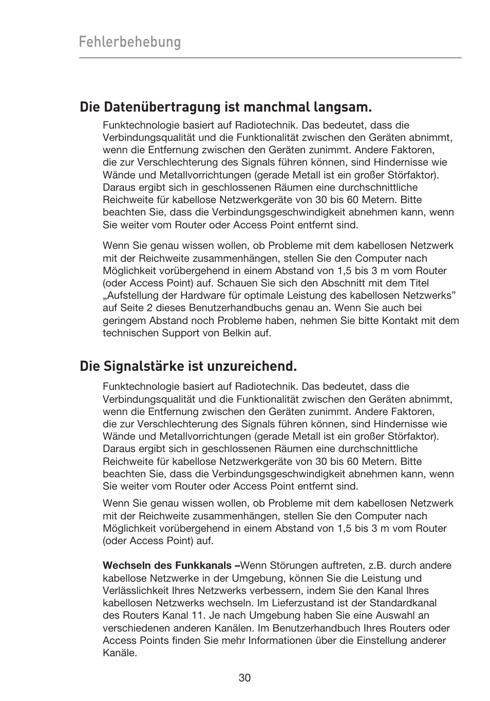 Fehlerbehebung, Die datenübertragung ist manchmal langsam, Die signalstärke ist unzureichend | Belkin F5D9050UK User Manual | Page 116 / 251