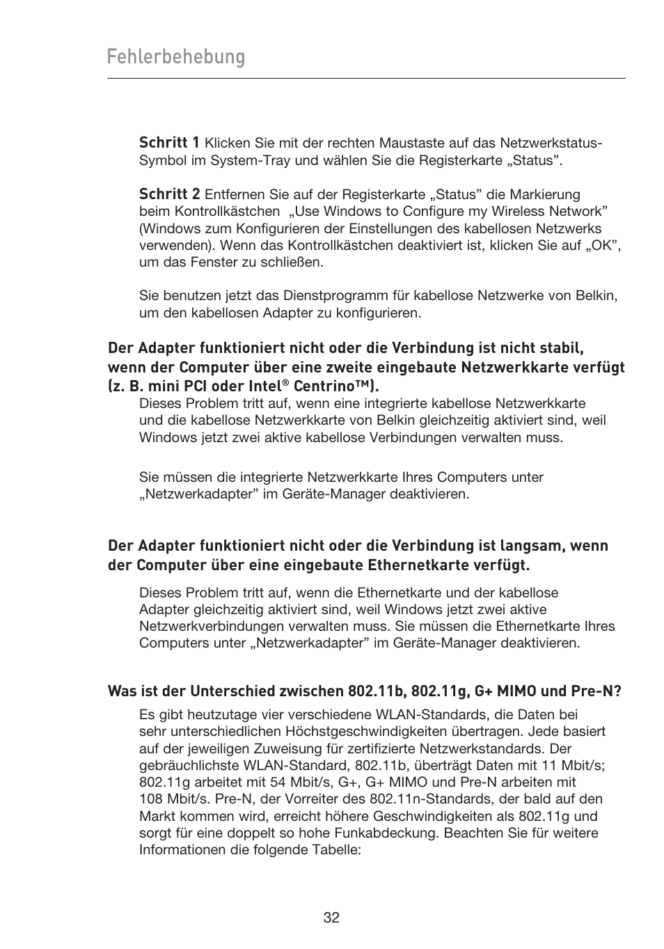 Fehlerbehebung | Belkin F5D9050UK User Manual | Page 118 / 251
