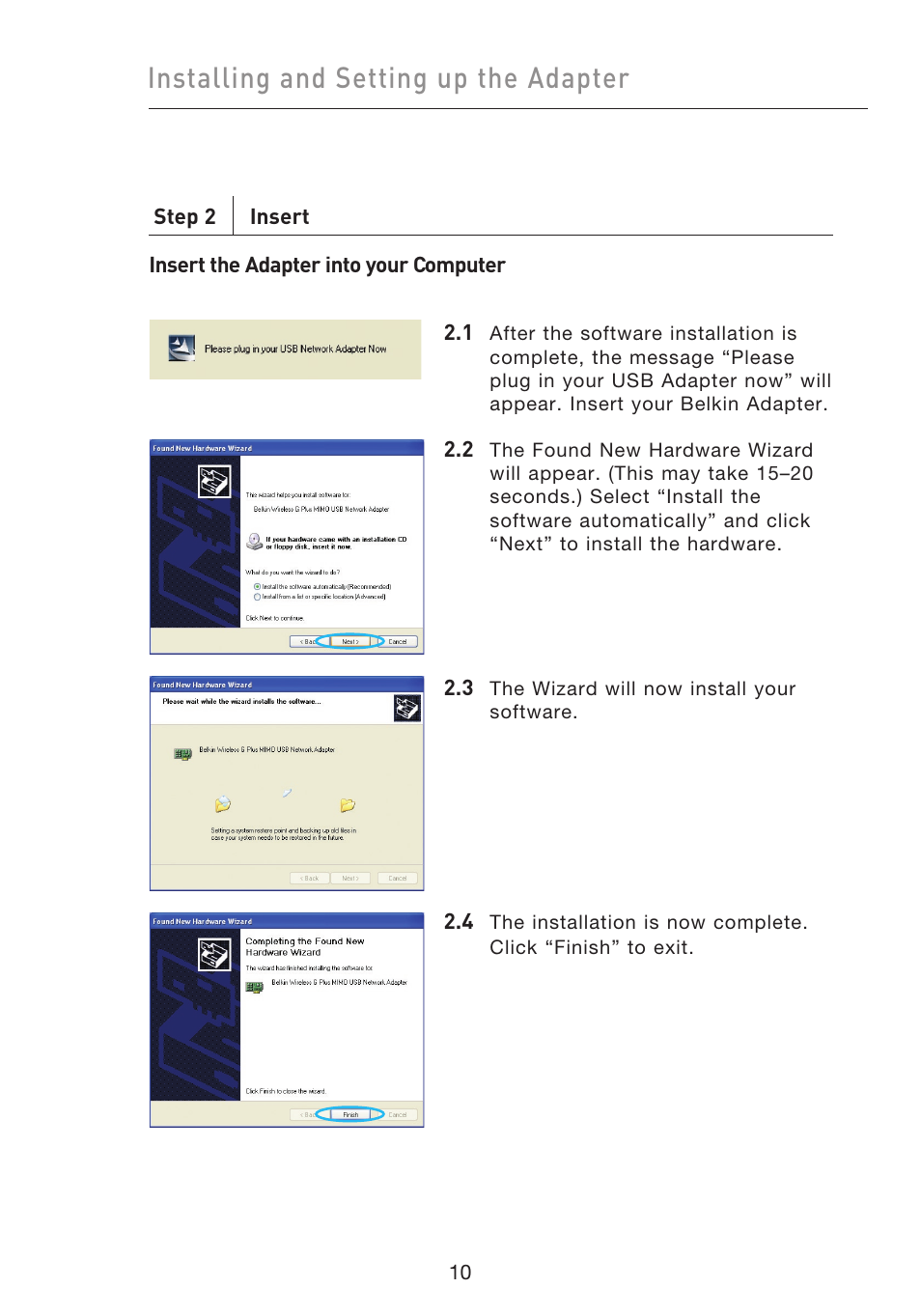 Installing and setting up the adapter | Belkin F5D9050UK User Manual | Page 12 / 251