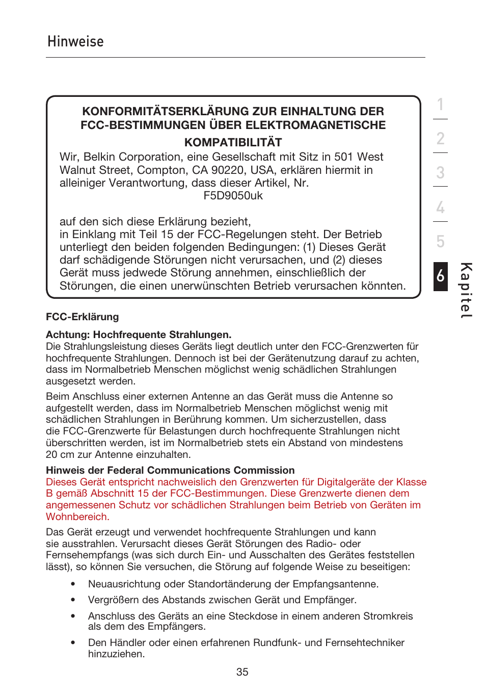 Informationen hinweise, Kap ite l, Informationen | Belkin F5D9050UK User Manual | Page 121 / 251