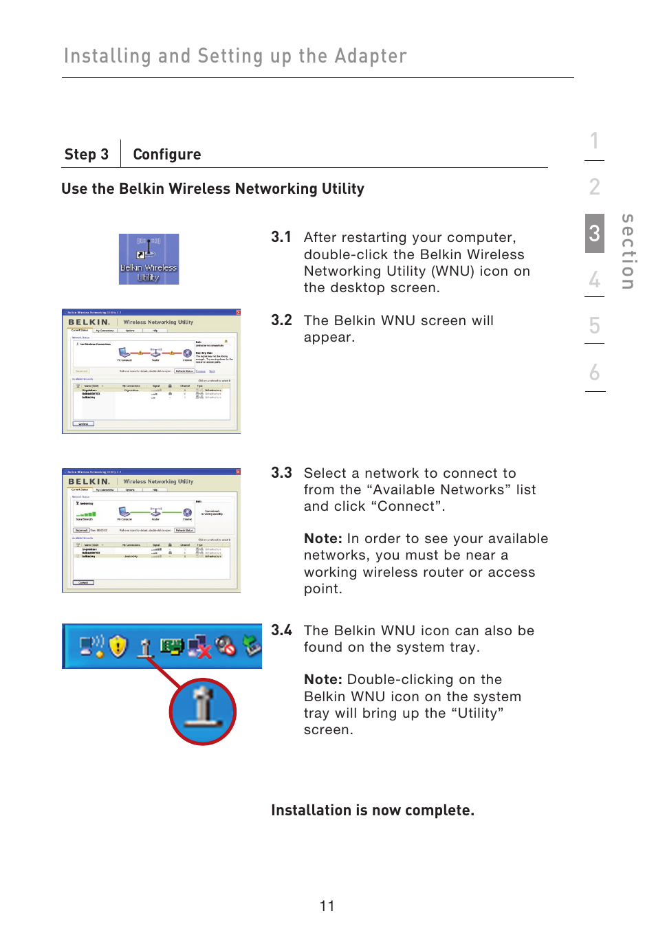 Installing and setting up the adapter, Se ct io n | Belkin F5D9050UK User Manual | Page 13 / 251