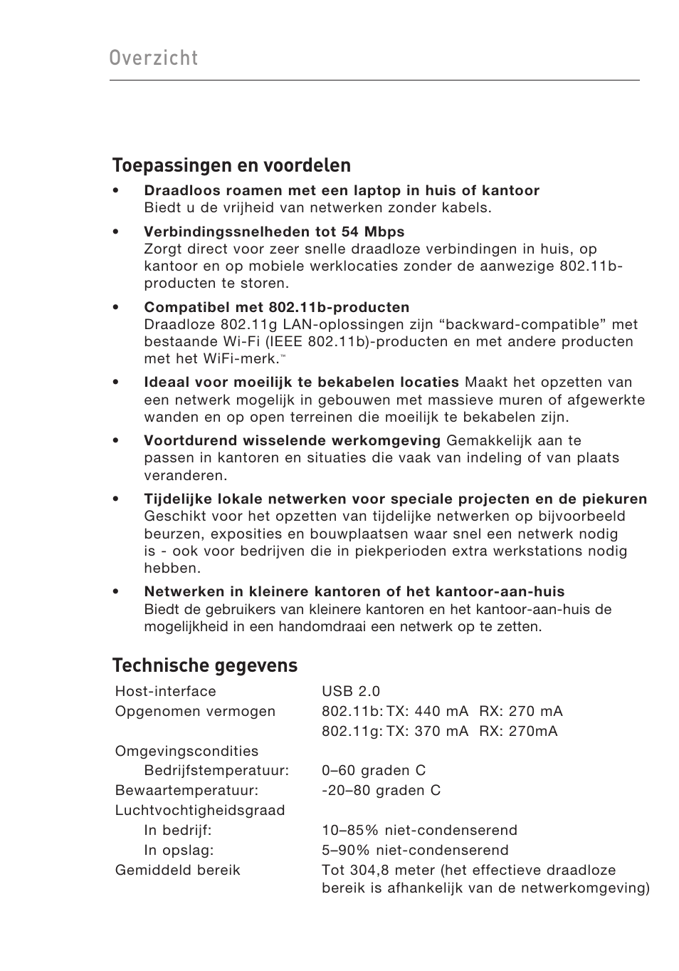 Overzicht, Toepassingen en voordelen, Technische gegevens | Belkin F5D9050UK User Manual | Page 134 / 251