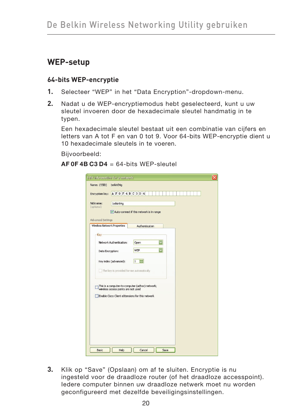 De belkin wireless networking utility gebruiken, Wep-setup | Belkin F5D9050UK User Manual | Page 147 / 251