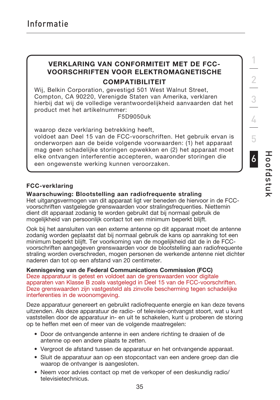 Informatie, Hoo fd st u k | Belkin F5D9050UK User Manual | Page 162 / 251