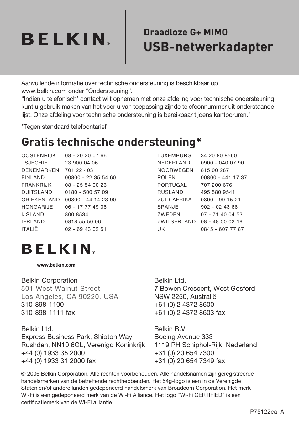 Usb-netwerkadapter, Gratis technische ondersteuning, Draadloze g+ mimo | Belkin F5D9050UK User Manual | Page 167 / 251