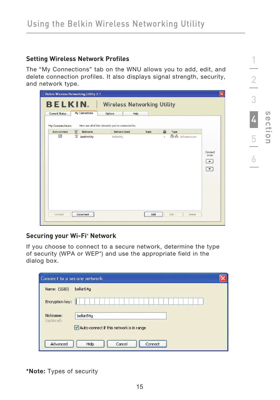 Using the belkin wireless networking utility, Se ct io n | Belkin F5D9050UK User Manual | Page 17 / 251