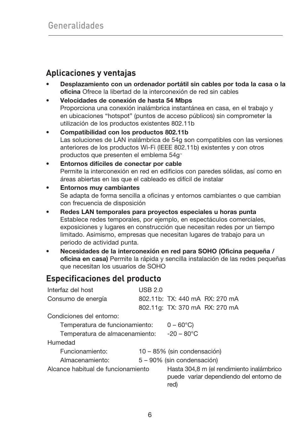 Generalidades, Aplicaciones y ventajas, Especificaciones del producto | Belkin F5D9050UK User Manual | Page 175 / 251