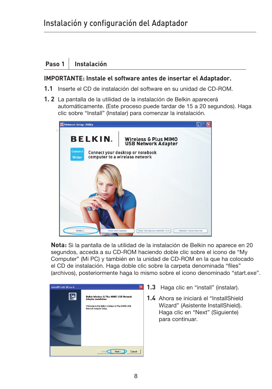 Instalación y configuración del adaptador | Belkin F5D9050UK User Manual | Page 177 / 251